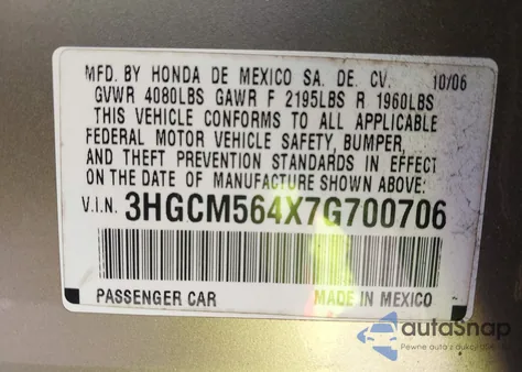 2007 Honda Accord 2.4 Lx from USA, damaged, VIN 3HGCM564X7G700706